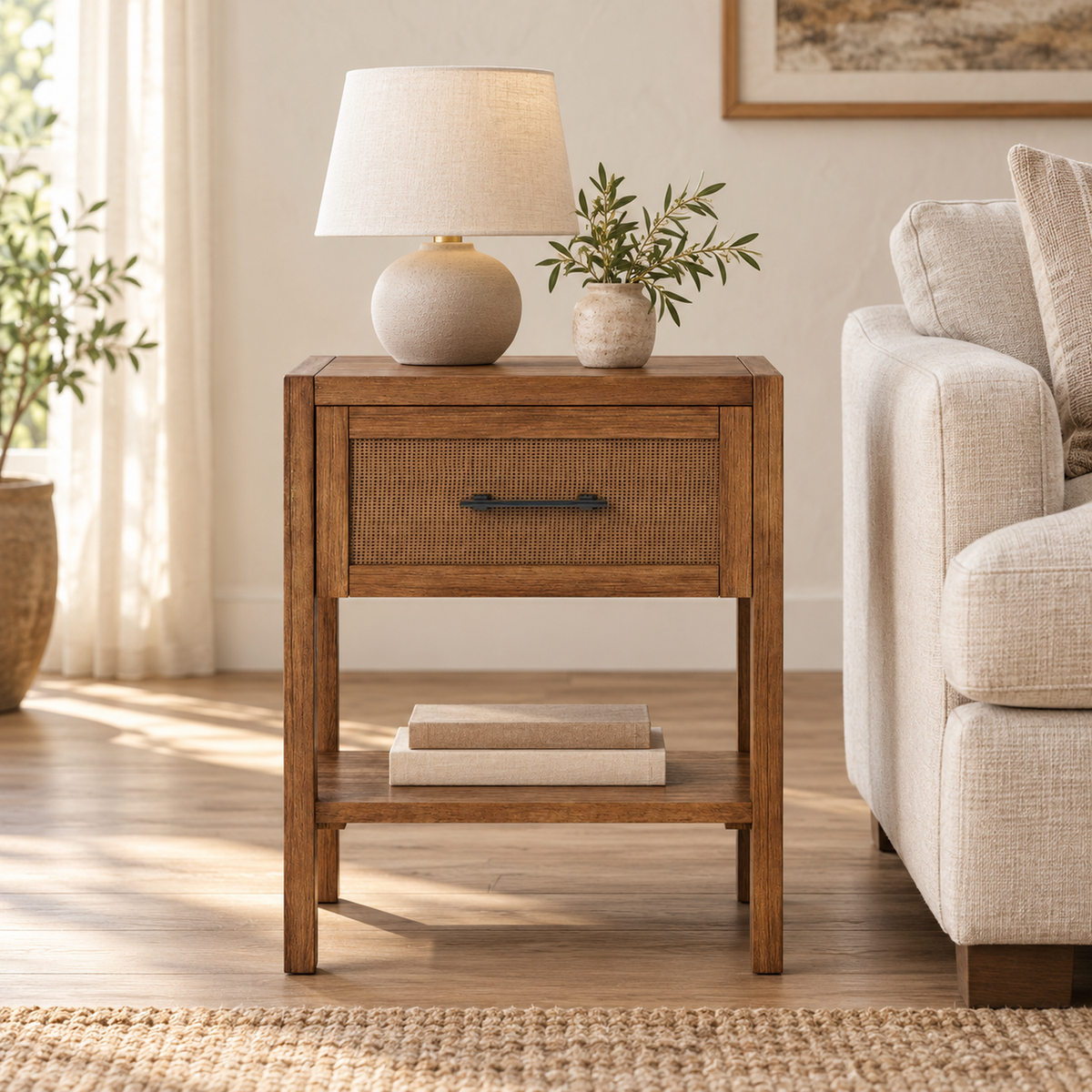 Brown Rattan Drawer Side Table with Lower Shelf, 18 in Wide