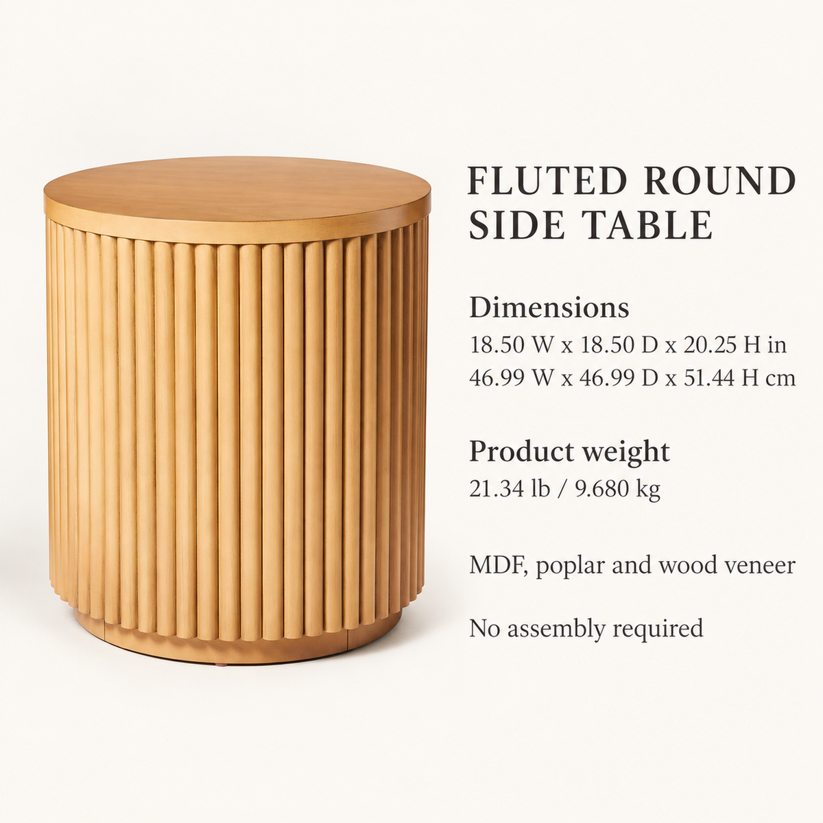 Fluted Round Side Table in Natural Brown, 18.5 in Diameter