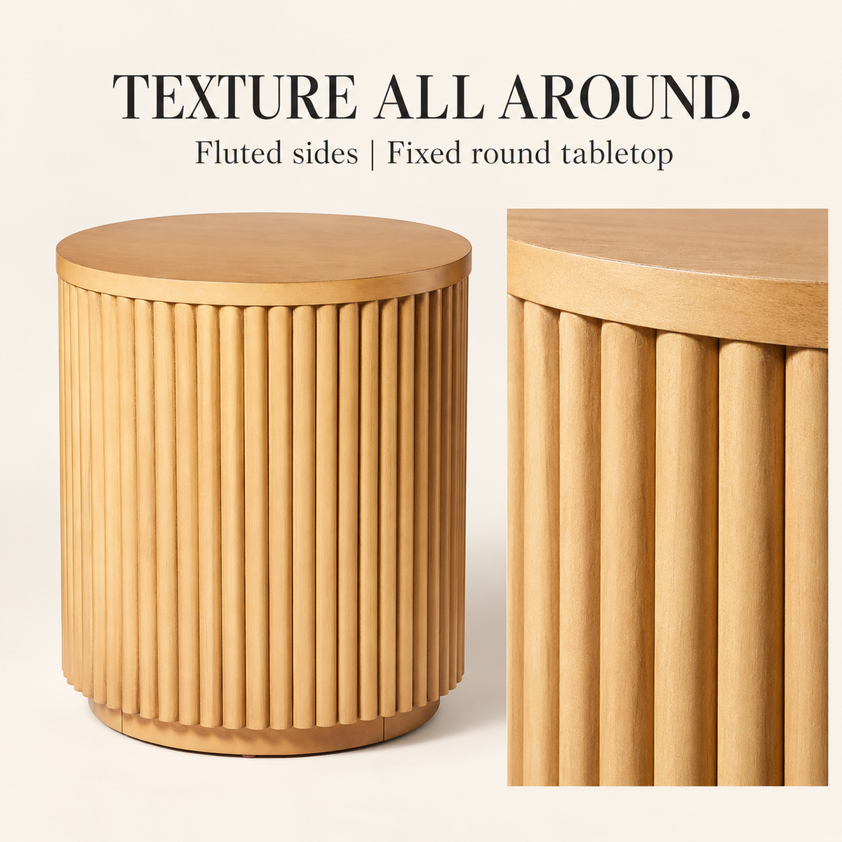 Fluted Round Side Table in Natural Brown, 18.5 in Diameter