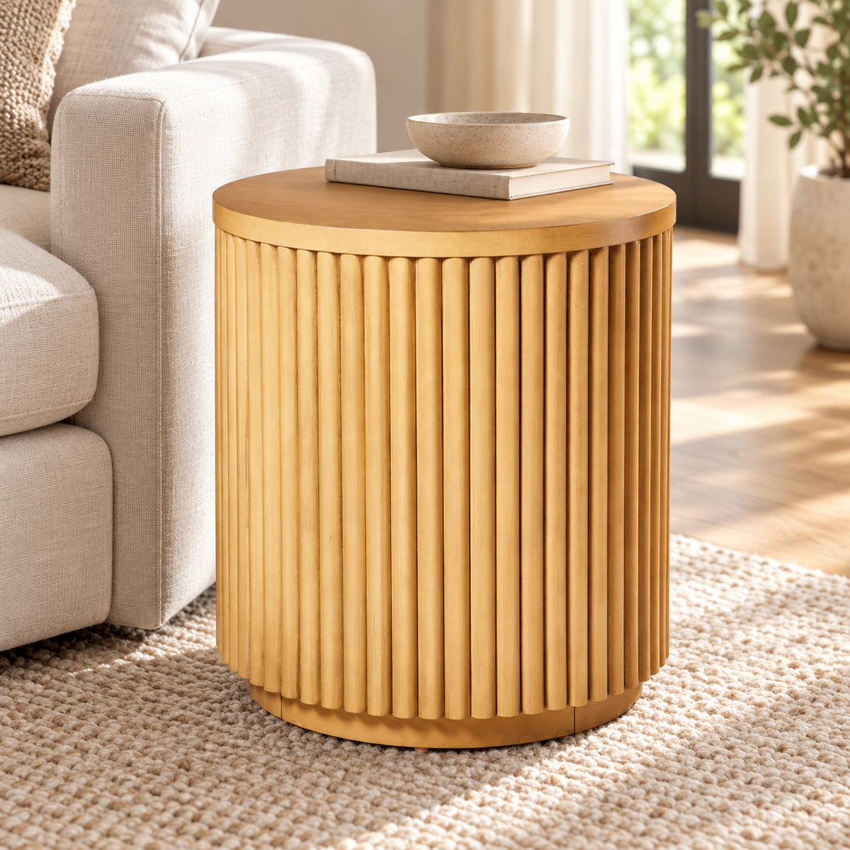 Fluted Round Side Table in Natural Brown, 18.5 in Diameter