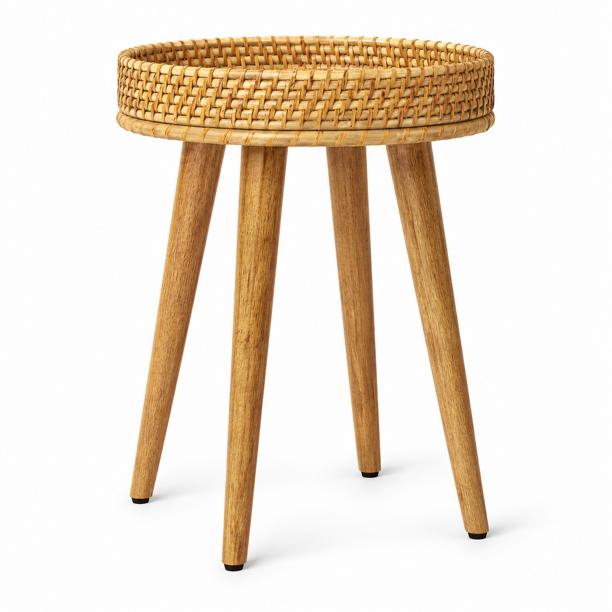 Natural Woven Tray Side Table with Four Wooden Legs, 16 in