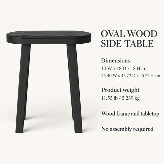 Black Hand-Carved Oval Wood Side Table, 18 in High