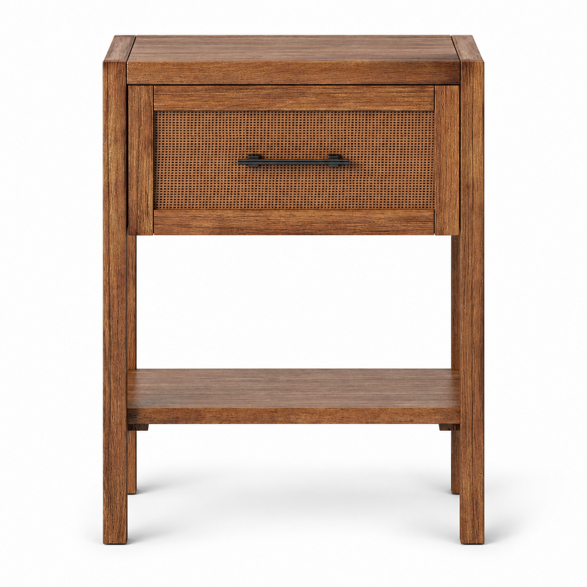 Brown Rattan Drawer Side Table with Lower Shelf, 18 in Wide