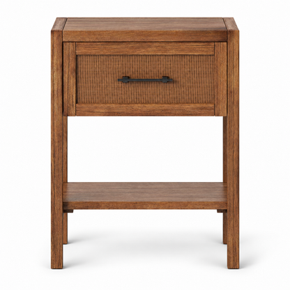 Brown Rattan Drawer Side Table with Lower Shelf, 18 in Wide