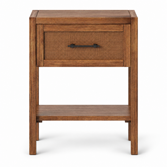 Brown Rattan Drawer Side Table with Lower Shelf, 18 in Wide