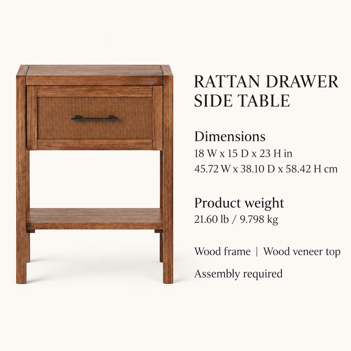 Brown Rattan Drawer Side Table with Lower Shelf, 18 in Wide