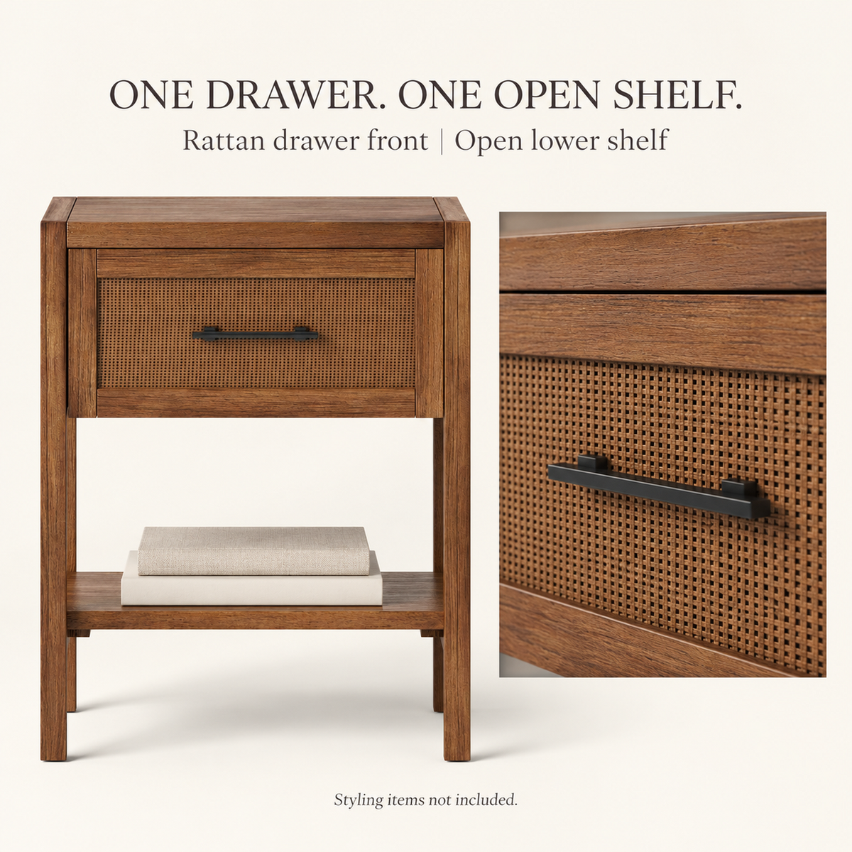 Brown Rattan Drawer Side Table with Lower Shelf, 18 in Wide