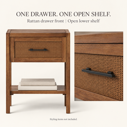 Brown Rattan Drawer Side Table with Lower Shelf, 18 in Wide