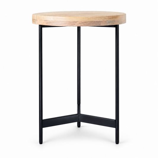 Round Mango Wood Side Table with Black Iron Frame, 18.88 in