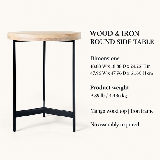 Round Mango Wood Side Table with Black Iron Frame, 18.88 in