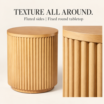 Fluted Round Side Table in Natural Brown, 18.5 in Diameter