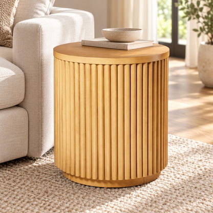 Fluted Round Side Table in Natural Brown, 18.5 in Diameter