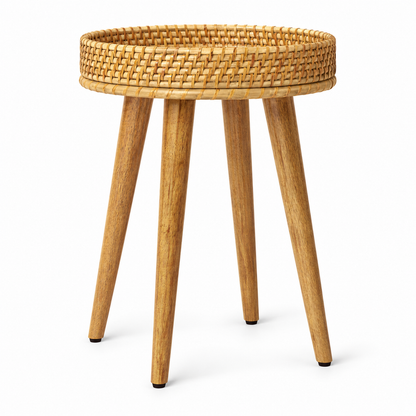 Natural Woven Tray Side Table with Four Wooden Legs, 16 in