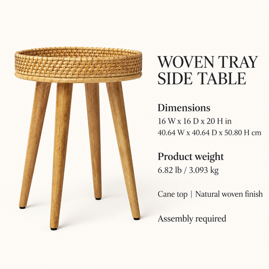 Natural Woven Tray Side Table with Four Wooden Legs, 16 in