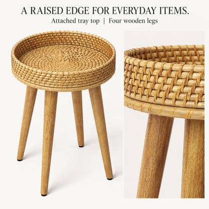 Natural Woven Tray Side Table with Four Wooden Legs, 16 in