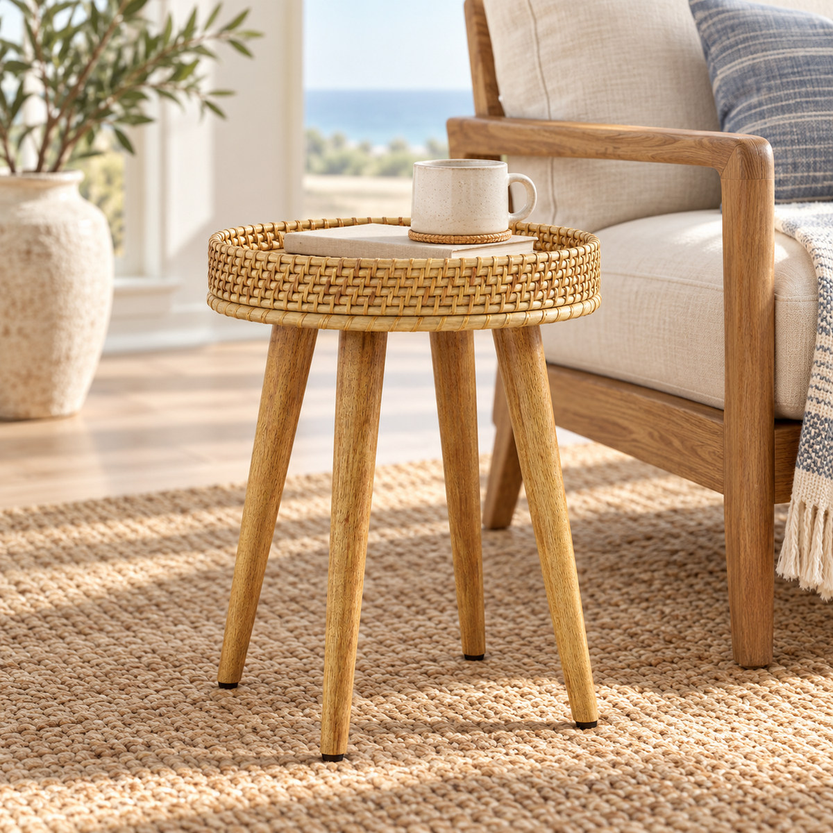 Natural Woven Tray Side Table with Four Wooden Legs, 16 in