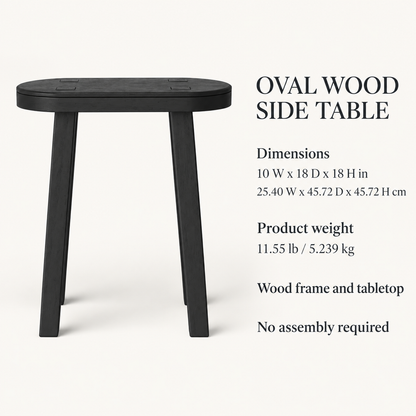Black Hand-Carved Oval Wood Side Table, 18 in High