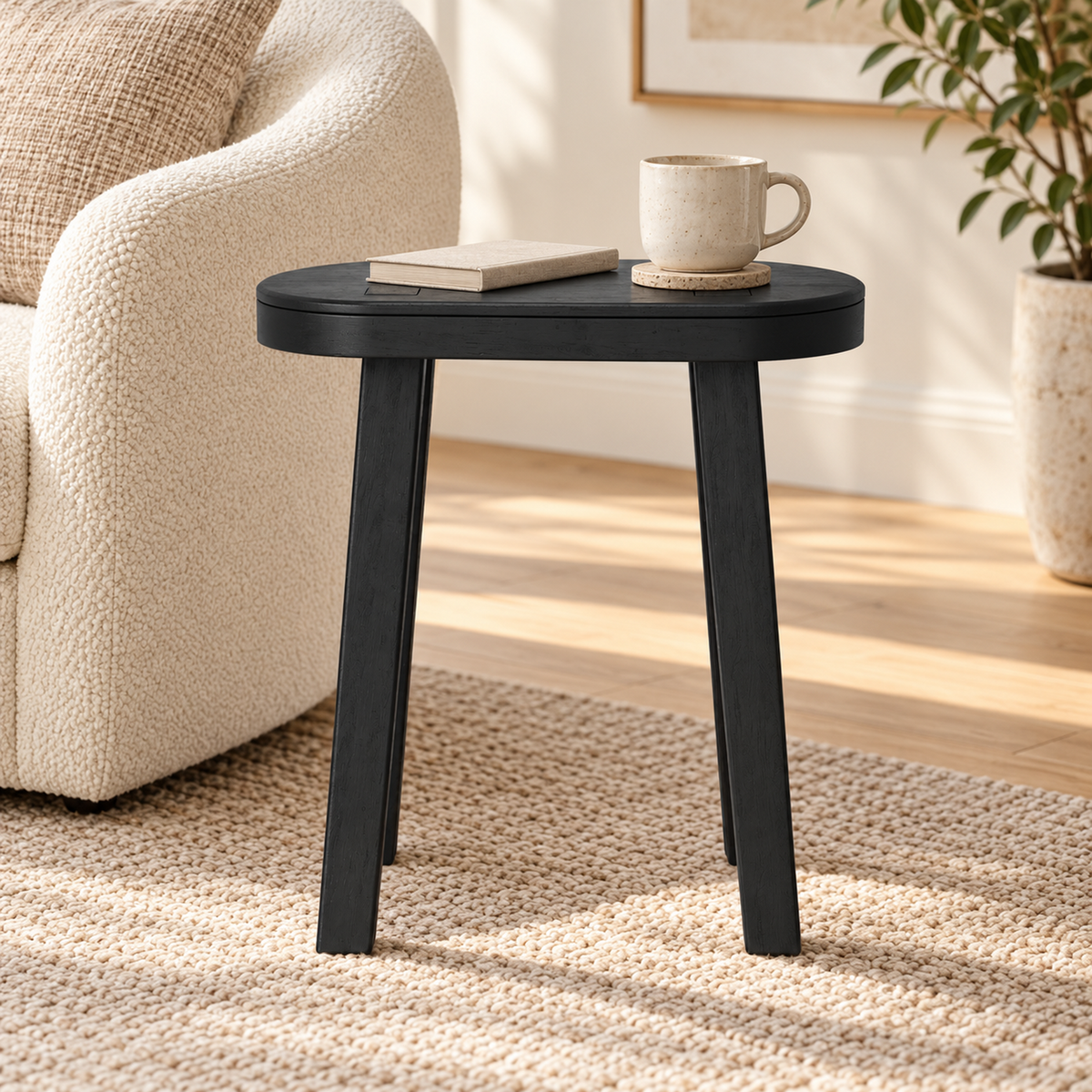 Black Hand-Carved Oval Wood Side Table, 18 in High
