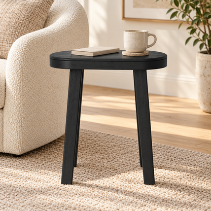 Black Hand-Carved Oval Wood Side Table, 18 in High