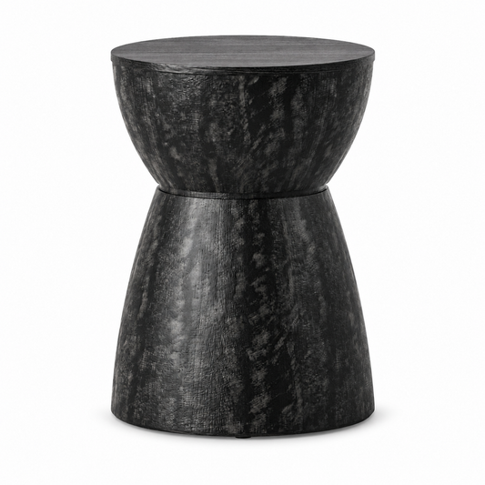 Distressed Black Hourglass Side Table, 16 in Diameter