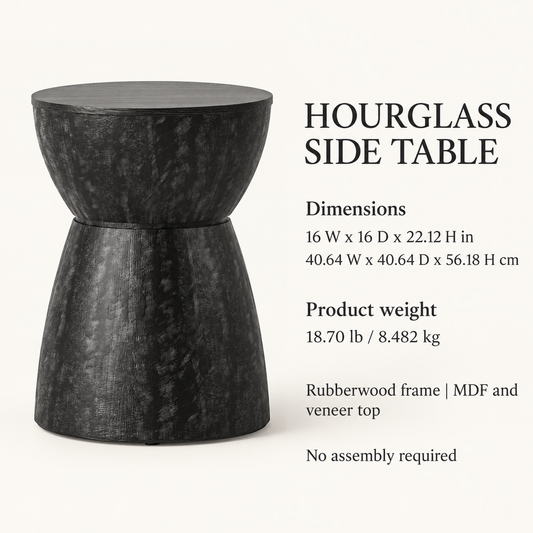 Distressed Black Hourglass Side Table, 16 in Diameter